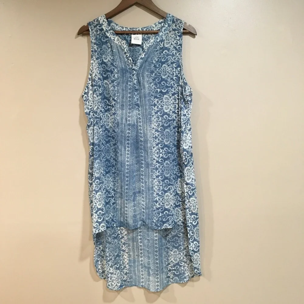 Knox Rose Sleeveless Sheer Tunic Dress Swim Coverup Women L Blue Boho Airy Beach